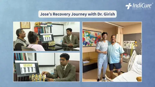 UK patient consulting with orthopedic surgeon Dr. Girish for bilateral knee replacement surgery and standing happily post-op at an IndiCure partner hospital in India.
